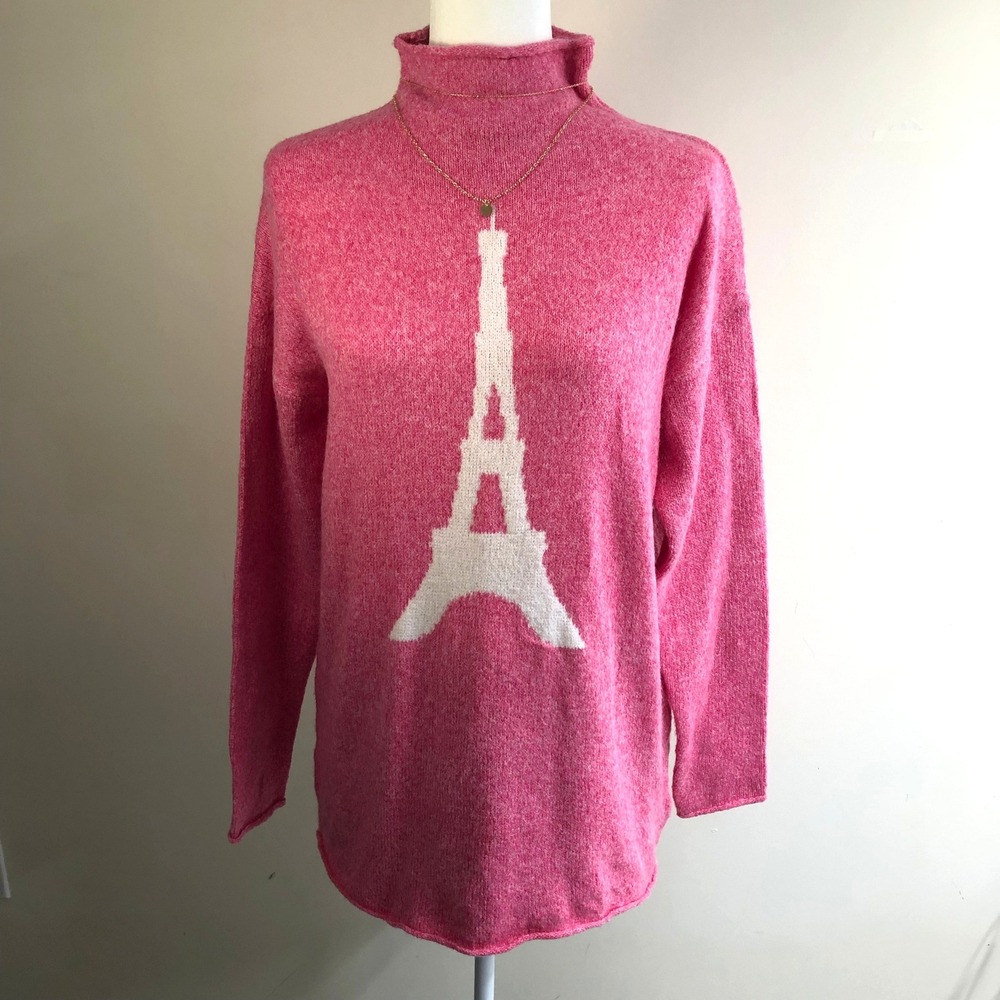 Cupcakes and Cashmere Hot Pink Eiffel Tower Turtleneck Sweater Paris M Mock Neck